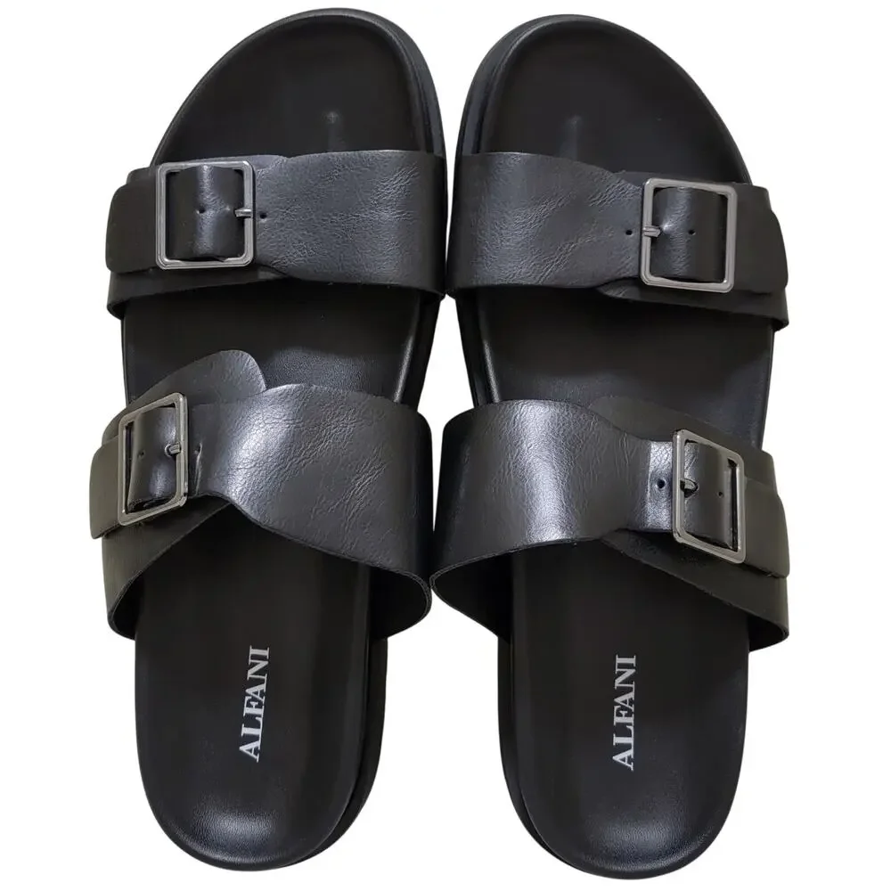 Alfani Men Double Strap Slide Sandals Charley Size US 10.5M Black Faux Leather